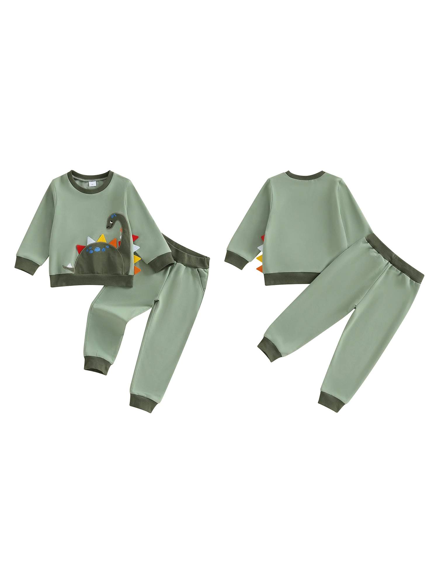 مجموعة الخريف للأطفال الصغار مكونة من قطعتين مع تطريز دينو لطيف على سويت شيرت وسراويل متطابقة - ملابس أطفال رائعة