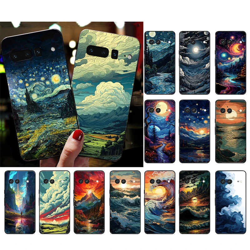 Moon Wave Cloud River Mountain Sceneary Phone Case For Google Pixel 9 Pro XL 8 7 6 Pro Pixel 8A 7A 6A 4A 3A 3XL Pixel 8 7 6 5 4