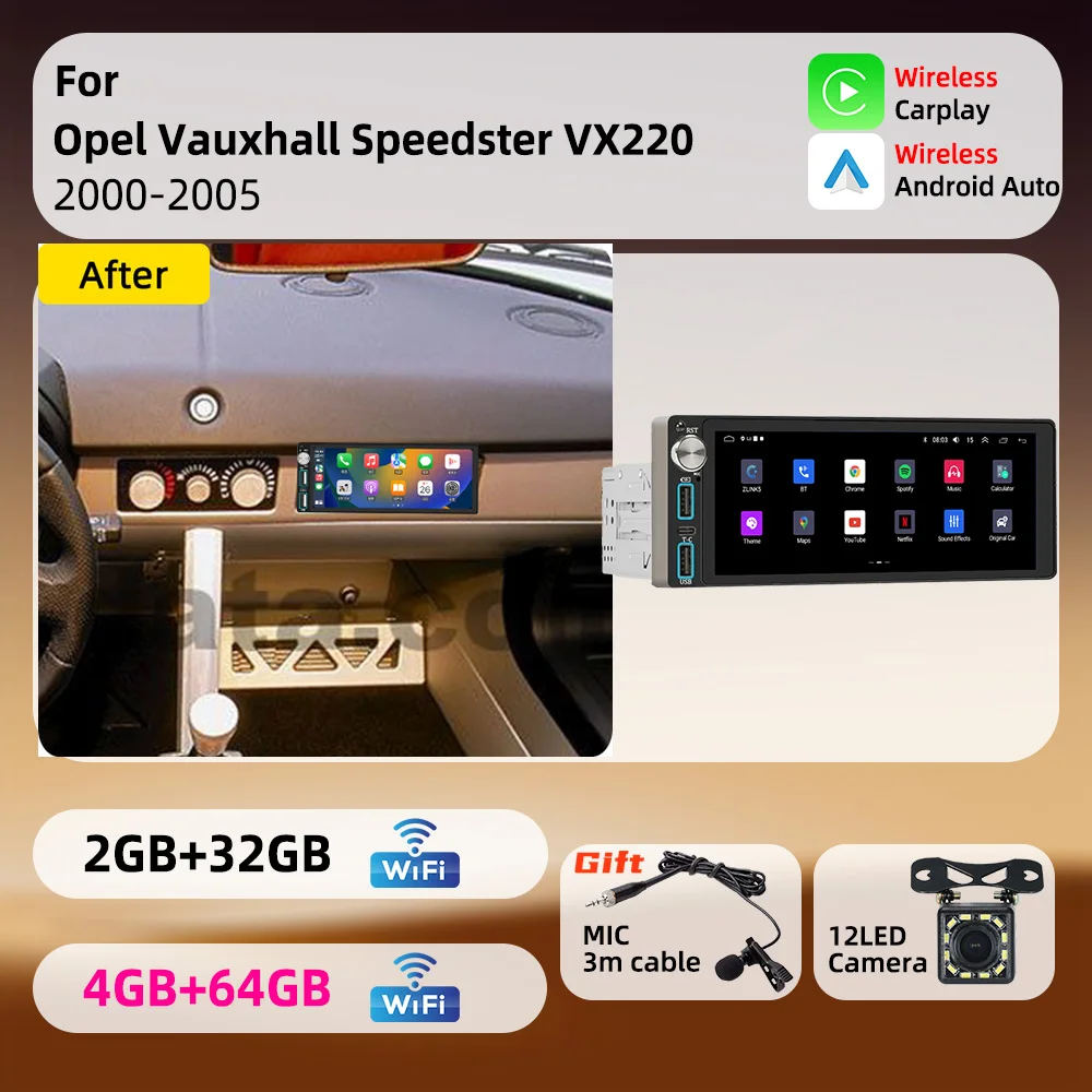 For Opel Vauxhall Speedster VX220 2000-2005 Android 1Din Car Stereo 6.86 inch Screen Carplay GPS Car Multimedia Autoradio Radio