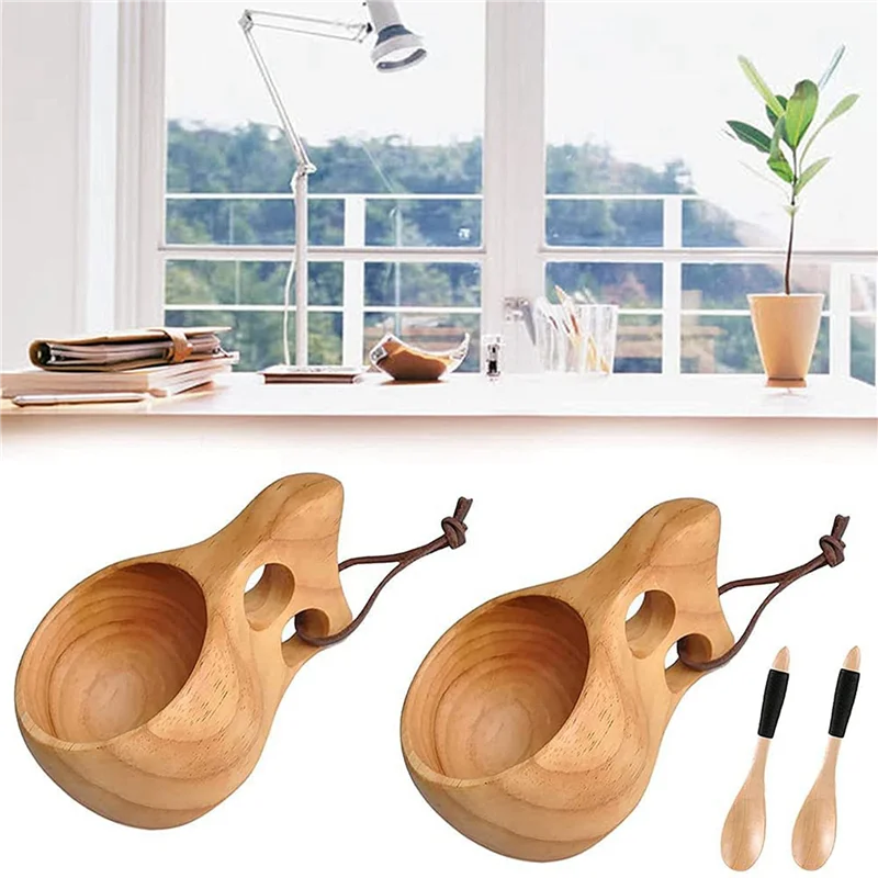 

AB35-4Pack Nordic Style Wooden Cup Kuksa Cup Portable Outdoor Camping Drinking Mug Wooden Coffee Cup With Wooden Spoon