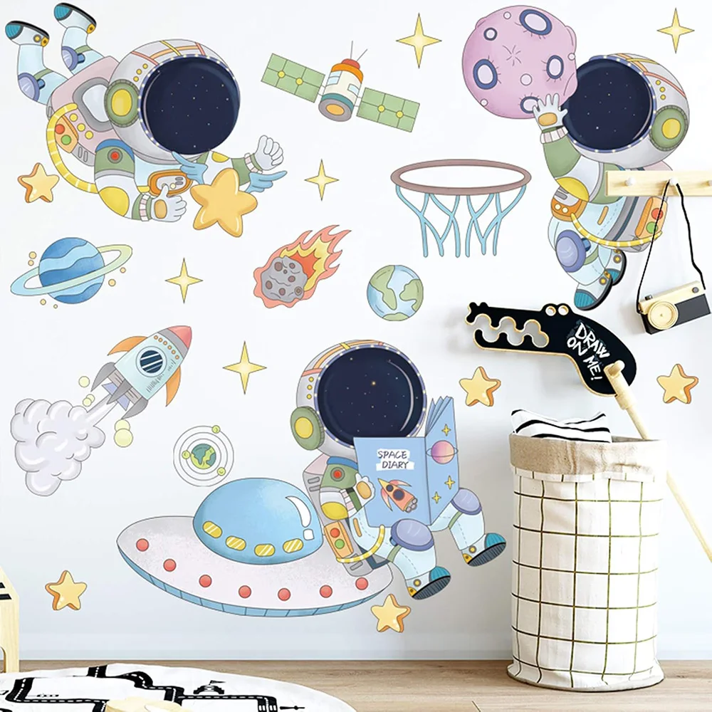 Astronaut Planet Space Wall Stickers Kids Room Playroom Walk Spaceship Spaceman Cosmonaut Wall Decal Bedroom Home Decor
