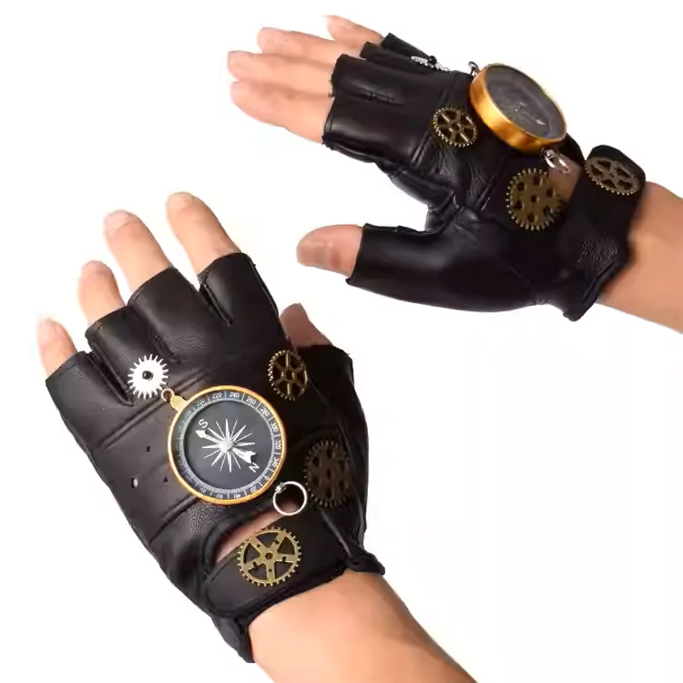 Steampunk PU Leather Fingerless Compass Gloves Men Women Fashion Hip Hop Punk Gloves Half Finger Gloves