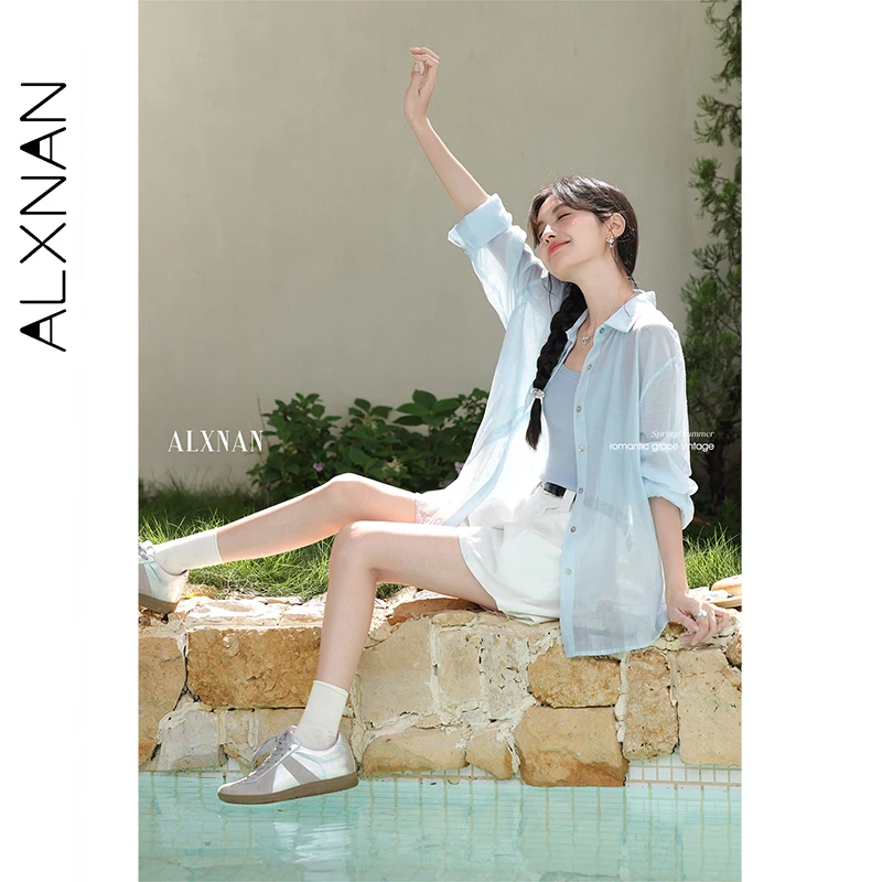 ALXNAN Blaues Hemd, Sonnenschutz, Polokragen, lockere Passform, Langarmhemden, 2025, Sommerurlaub, Strand, lässige Damenoberteile, L56306