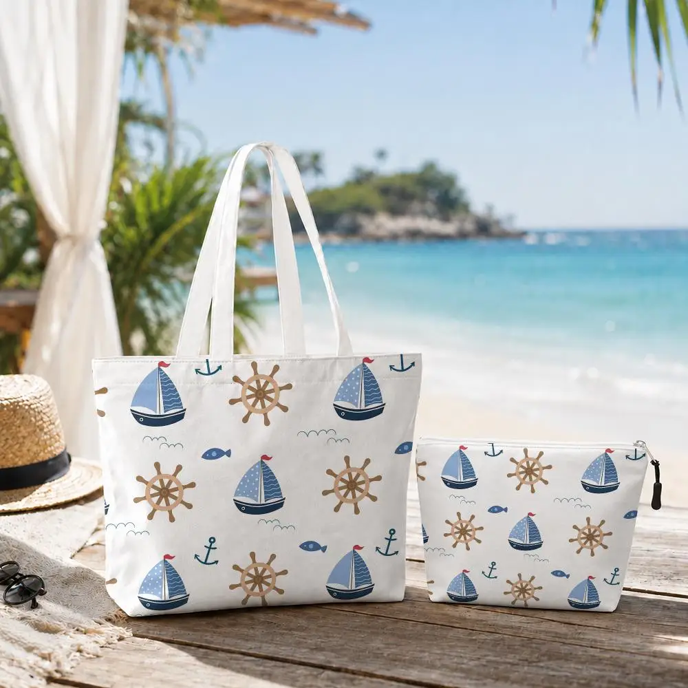 Rudder Anchor Animals Storage Bags Canvas Double-Sided Print Set 2PC Makeup Pouch Set with Zipper for Picnic Travel