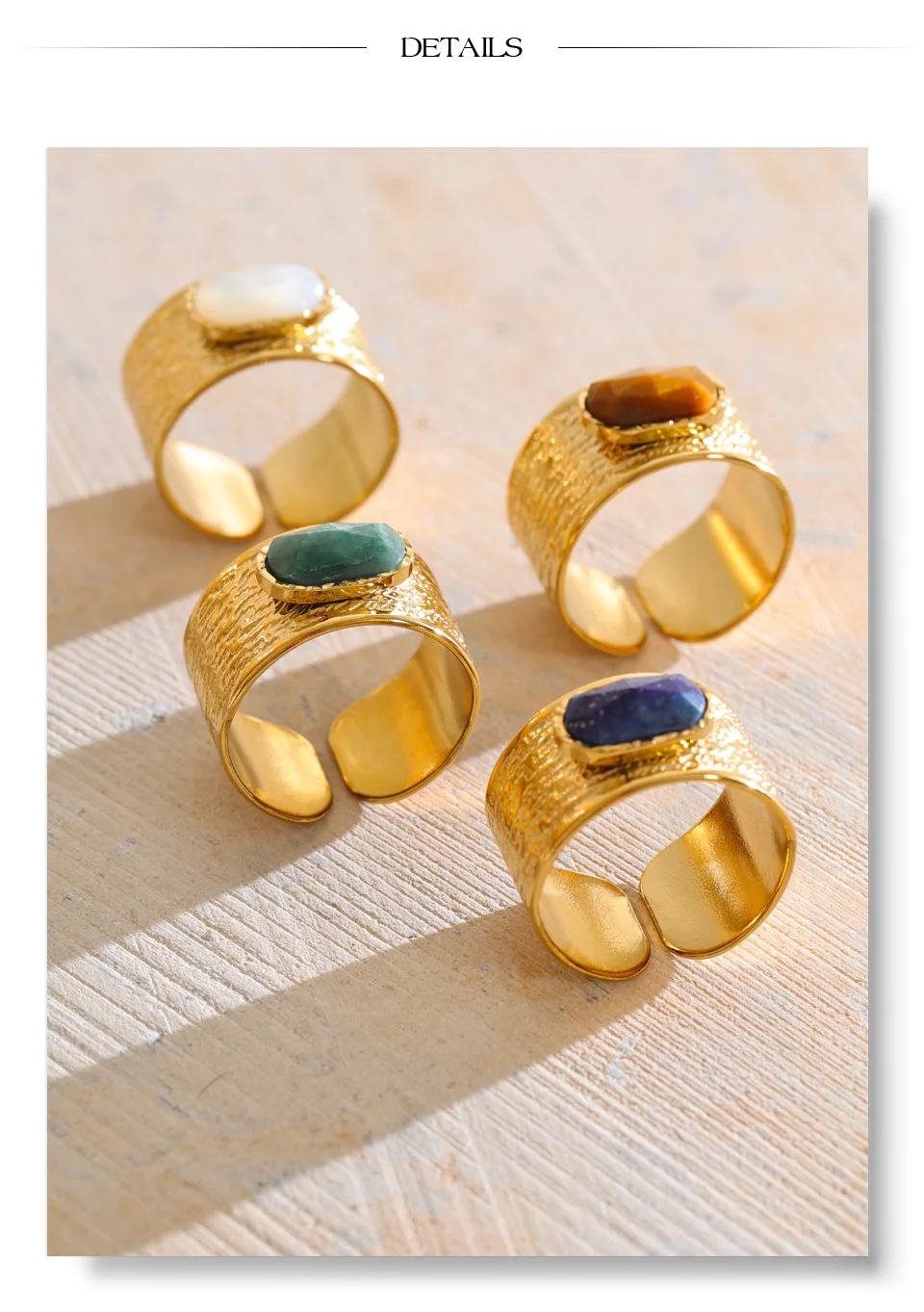 Yhpup Größe 7 Edelstahl Metall Hammer Breiter Ring Muschel Türkis Tigerauge Rechteckiger Goldener Fingerschmuck – Detail 8