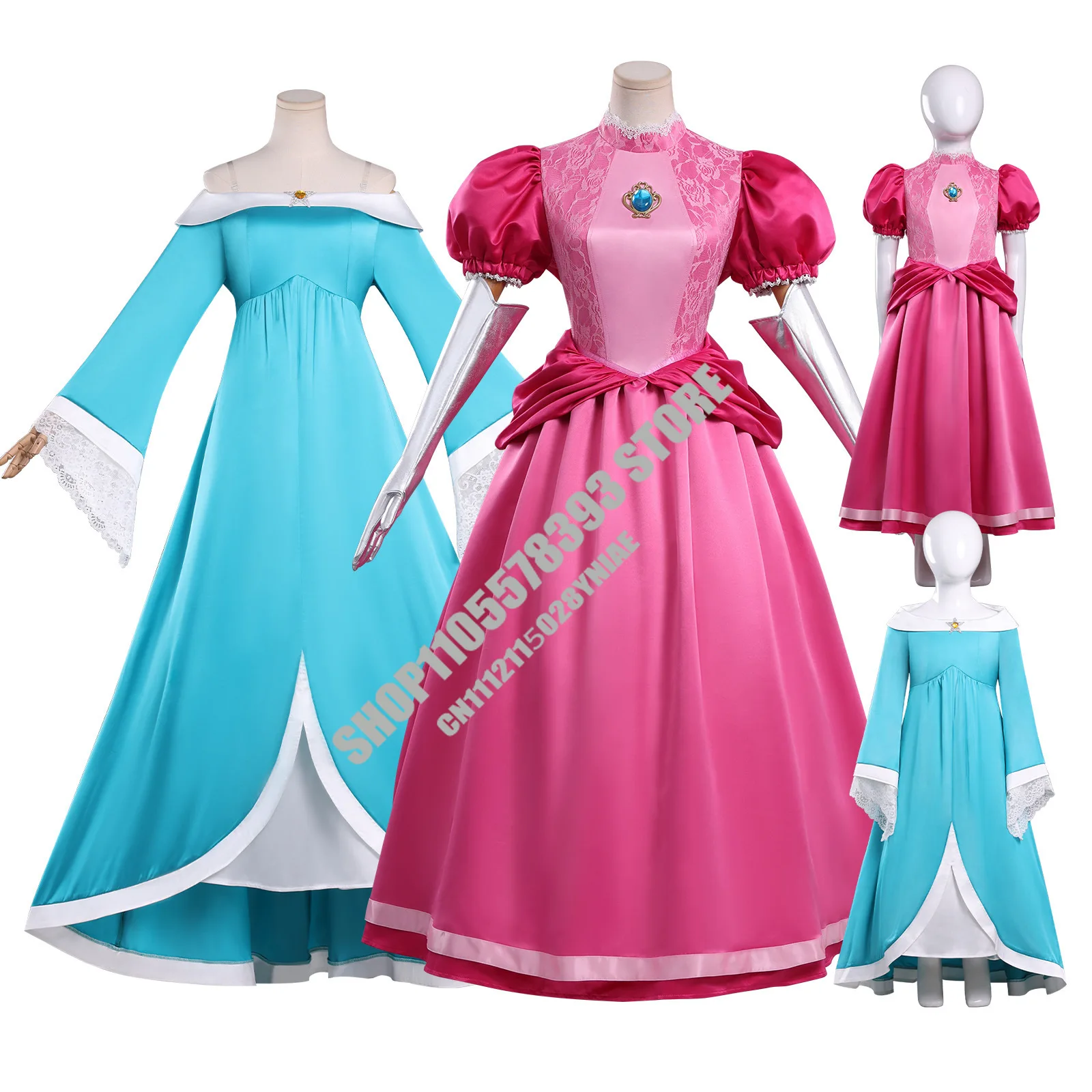 

Plumber Bros Video Game Role Playing Girl Peach Princess Dress Movie with Peach Adventure Cosplay Party Dress kids adult