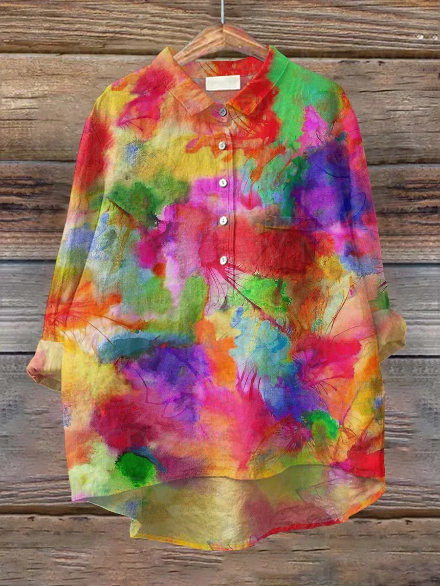 Chemise en lin à imprimé d'art arc-en-ciel pour femme, chemise décontractée, Y