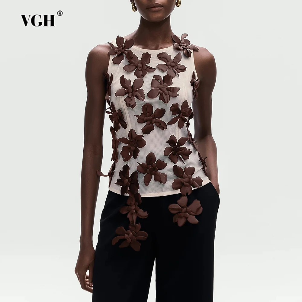 

VGH Chic Sleeveless Top with Back Zip Female Round Neck Sleeveless 3D Brown Floral Accent Slimming Vest for Business Art Events