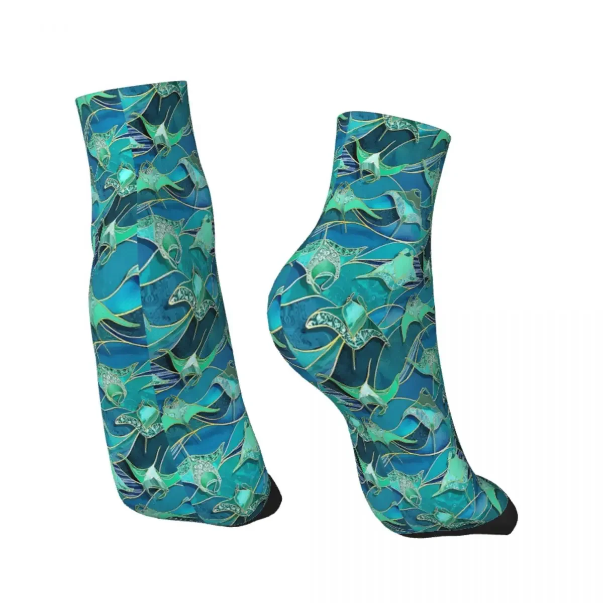 Patchwork Manta Rays In Teal Blue And Jade Green Ankle Socks Male Mens Women Summer Stockings Polyester