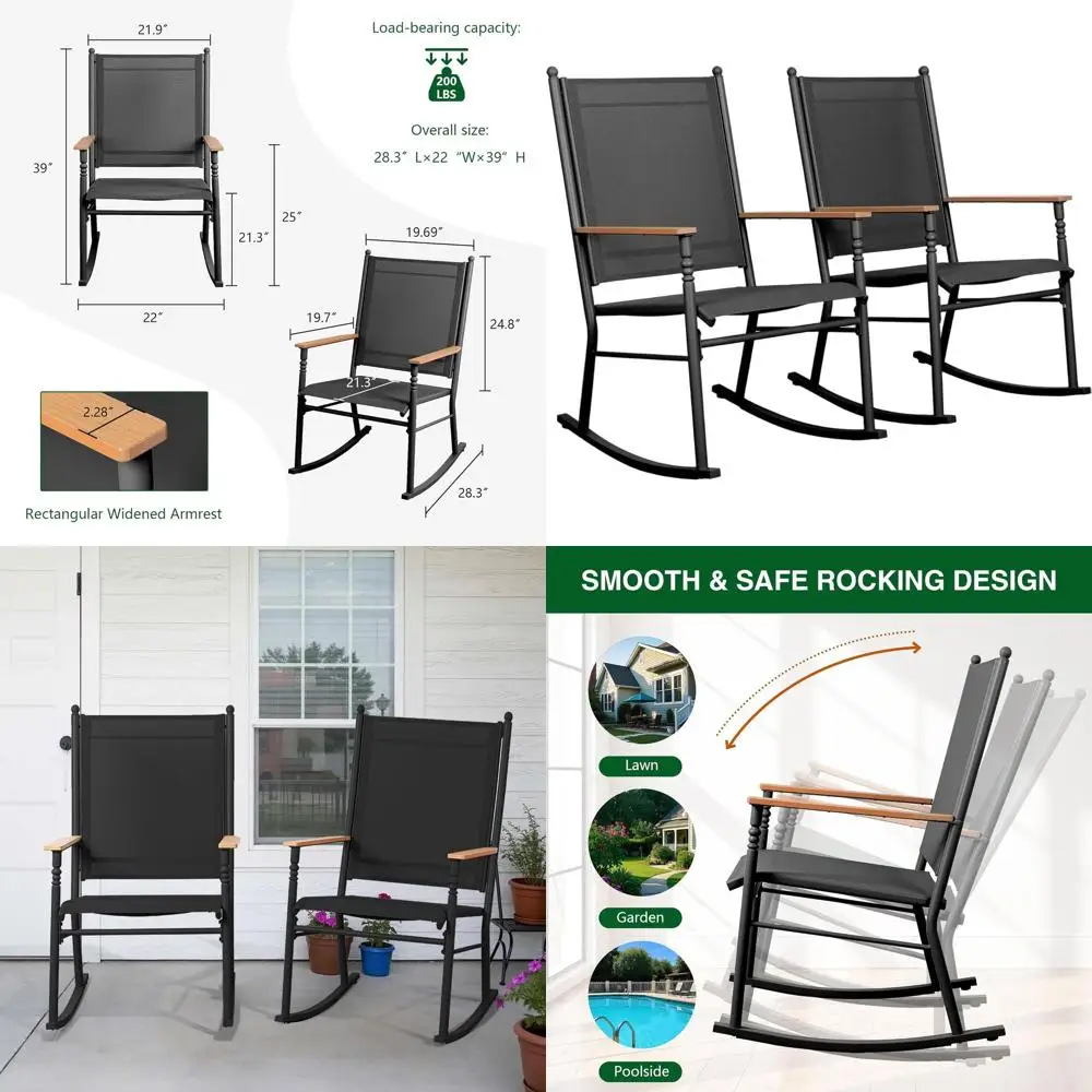 

Pair of High-Back Textilene Fabric Outdoor Rocking Chairs, Breathable and Comfortable for Patio, Garden, or Balcony, Black