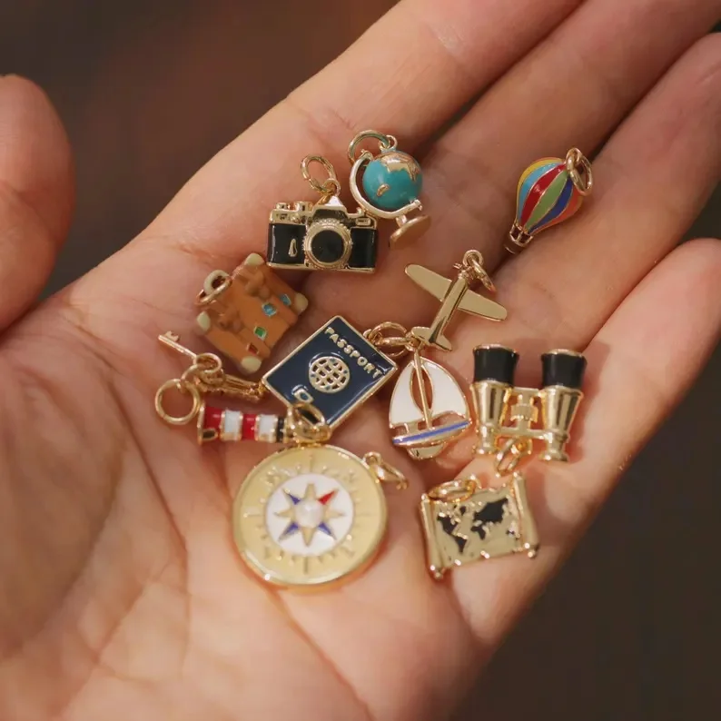 Travel-Themed Enamel Charm Set with Gold Lobster-Clasp Pendants, Suitcase, Compass, Passport & Globe Designs, Perfect DIY Access
