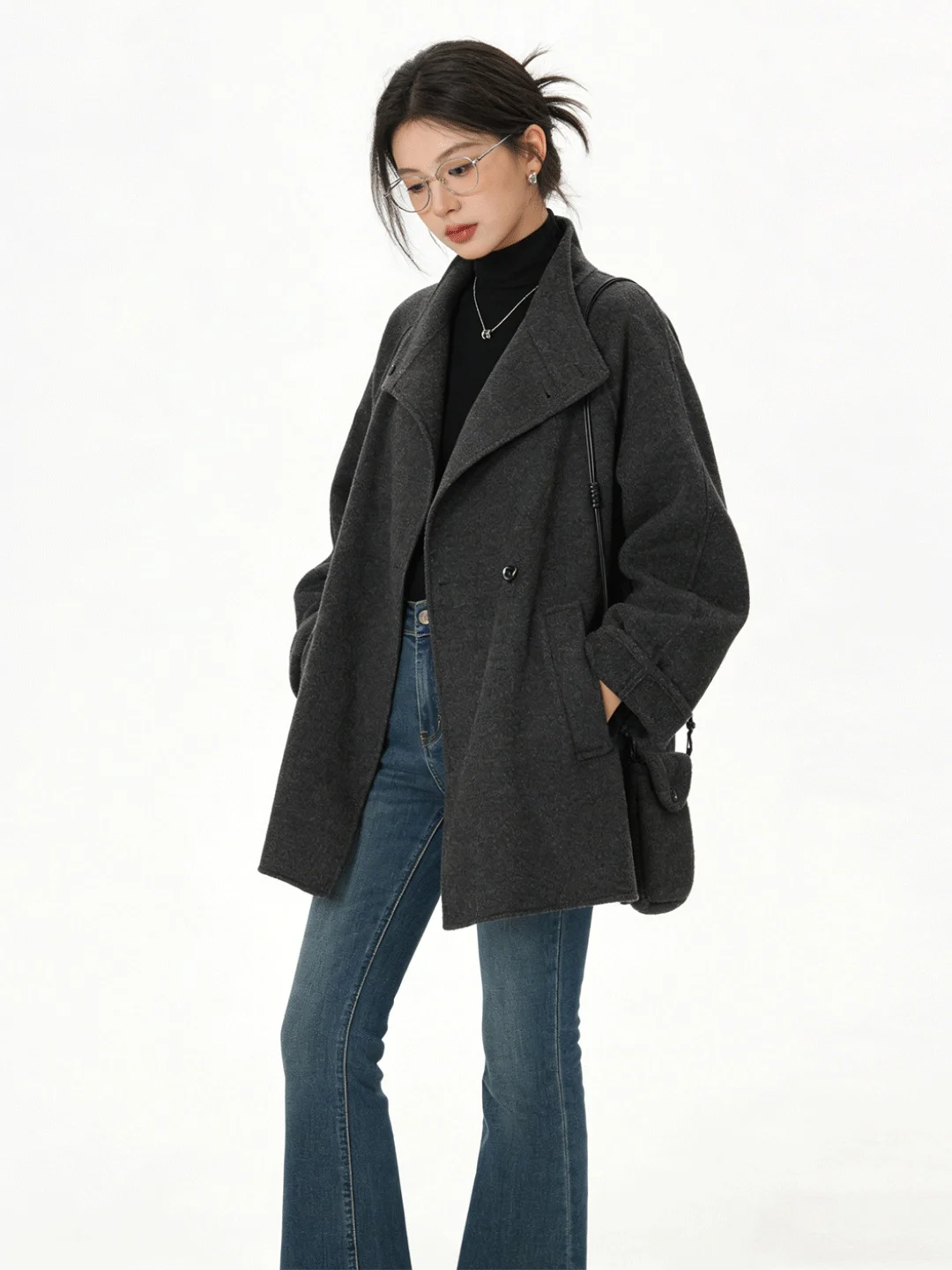 

Ele Double-Faced Woolen Coat in Deep ey with Waist-Cinching Belt And Stand Collar for Women Sli Korean Sle Outerwear