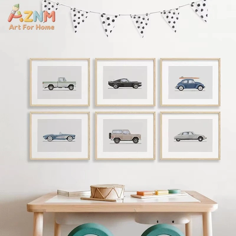 AZNM Cartoon Vintage Vehicle Boys Room Retro Car Art Poster Canvas Painting Wall Prints Picture for Living Room Home Decor