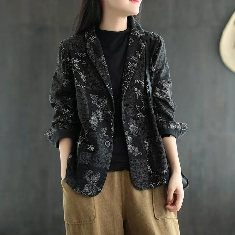 Retro Print Denim Jacket Women's Loose Fashionable Autumn Cardigan by Korean Brand Versatile Ladies Top Button Pocket Detail