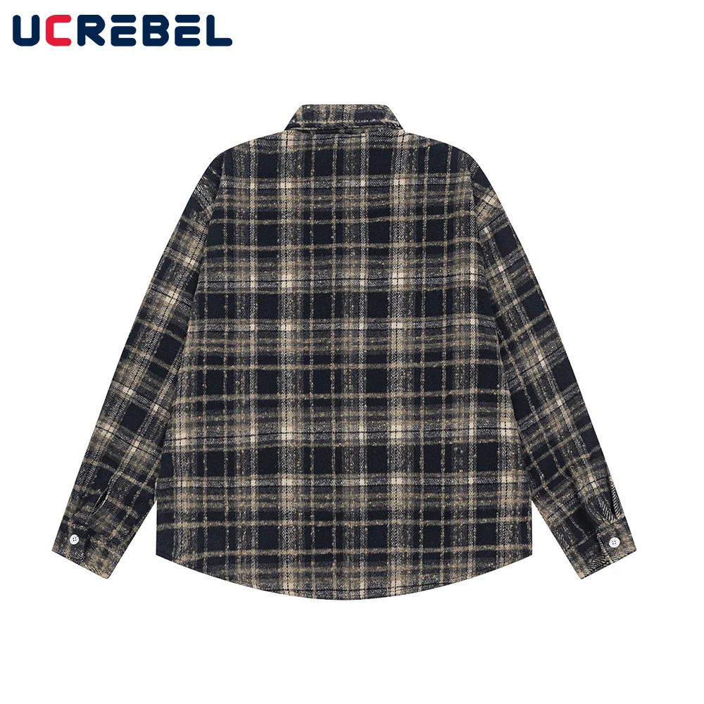 Letter Embroidery Plaid Long Sleeve Shirts Mens Retro High Street Autumn Single Breasted Lapel Curved Hem Shirts Men