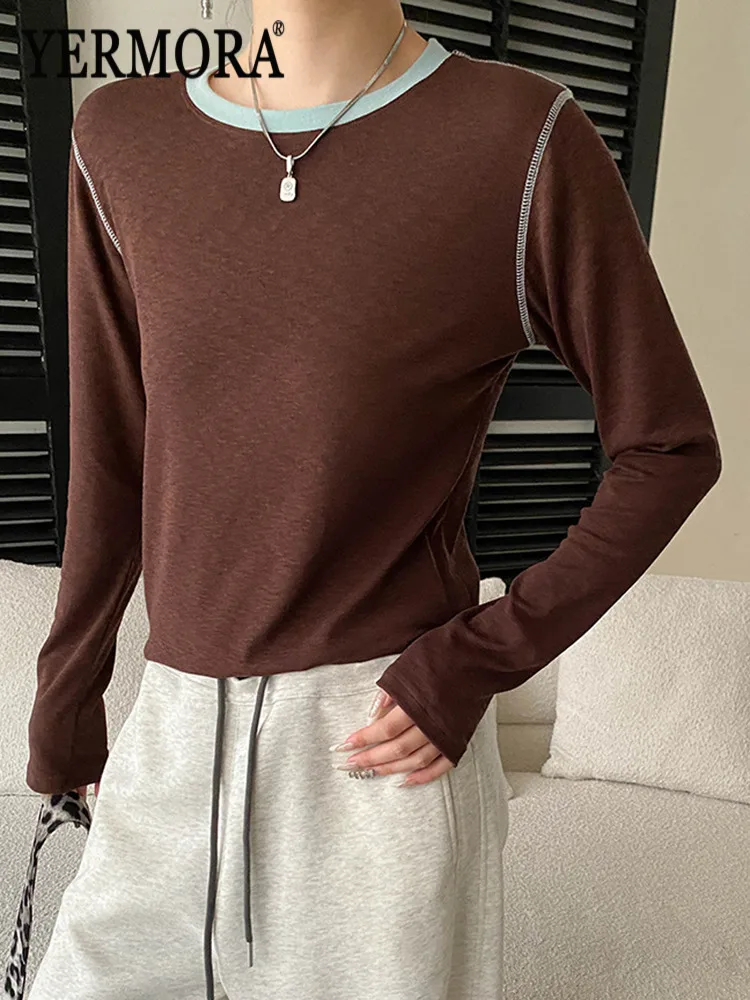 YERMORA Women's Brown Brief Casual T-Shit For Women O-Neck Long Sleeve Loose New Tops Fashion Tide Spring Autumn 2026