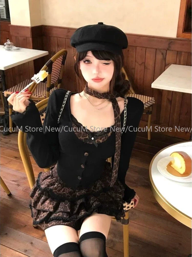 

Fall Winter Women Coquette 2000s Shoujo Girl Kpop 2000s Outfits 2 Piece Set Long Sleeve Leopard Lace Tops + Y2k Mini Skirt Chic