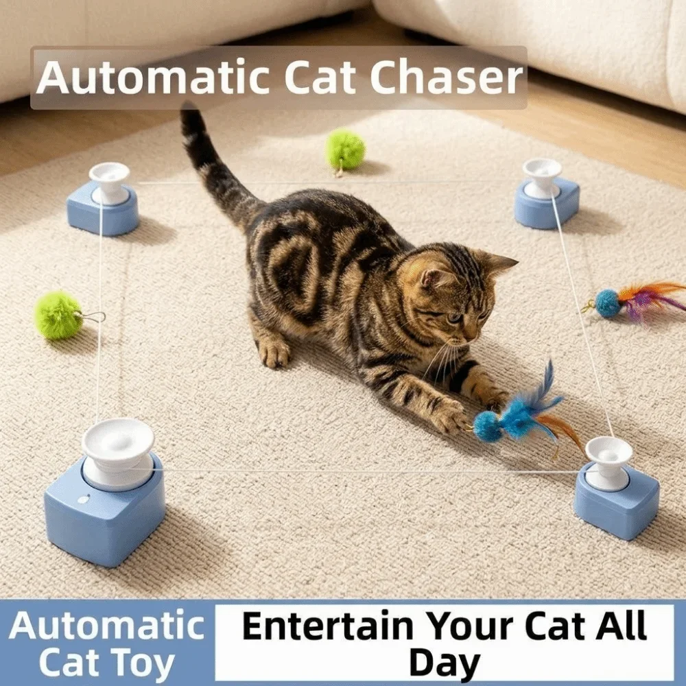 Automatic Cat Race Toy Wireless USB Rechargeable Cat String Chasing Toy Adjustable Speed with Suction Cup Interactive Cat Toy