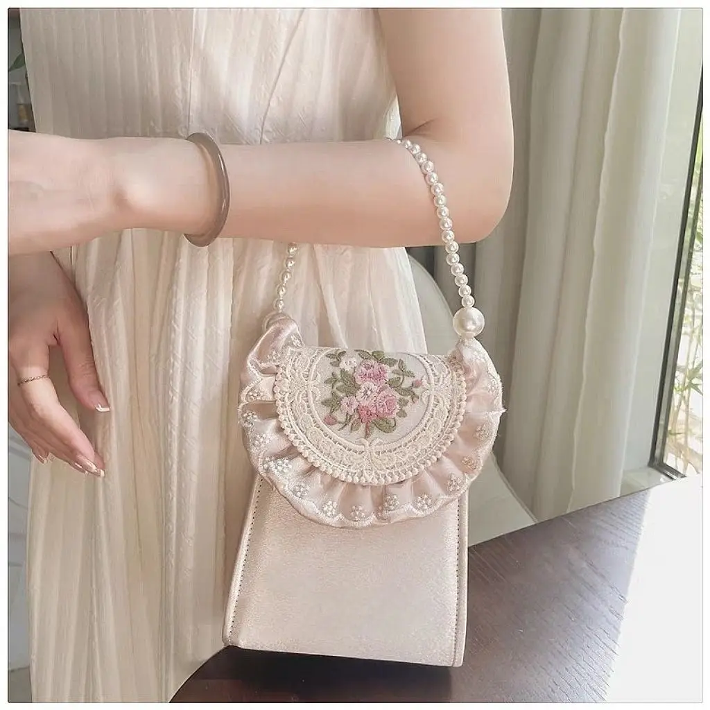 JIAERDI Vintage Embroidery Handbag Women Luxury Pearl Handle Totes Purse Pink Flowers Clutch Evening Party Bag Small Phone Bags