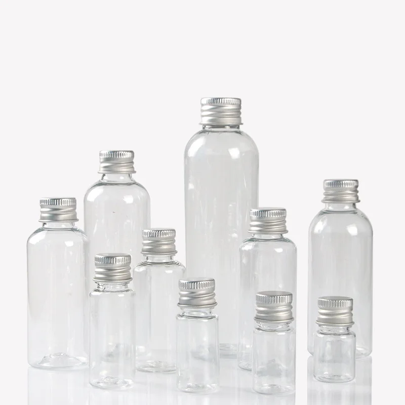 1pc 15-200ml Clear Plastic Bottle With Aluminium Screw Cap Small Jars Cosmetic Container Travel Kit Empty Refillable Bottles Jar