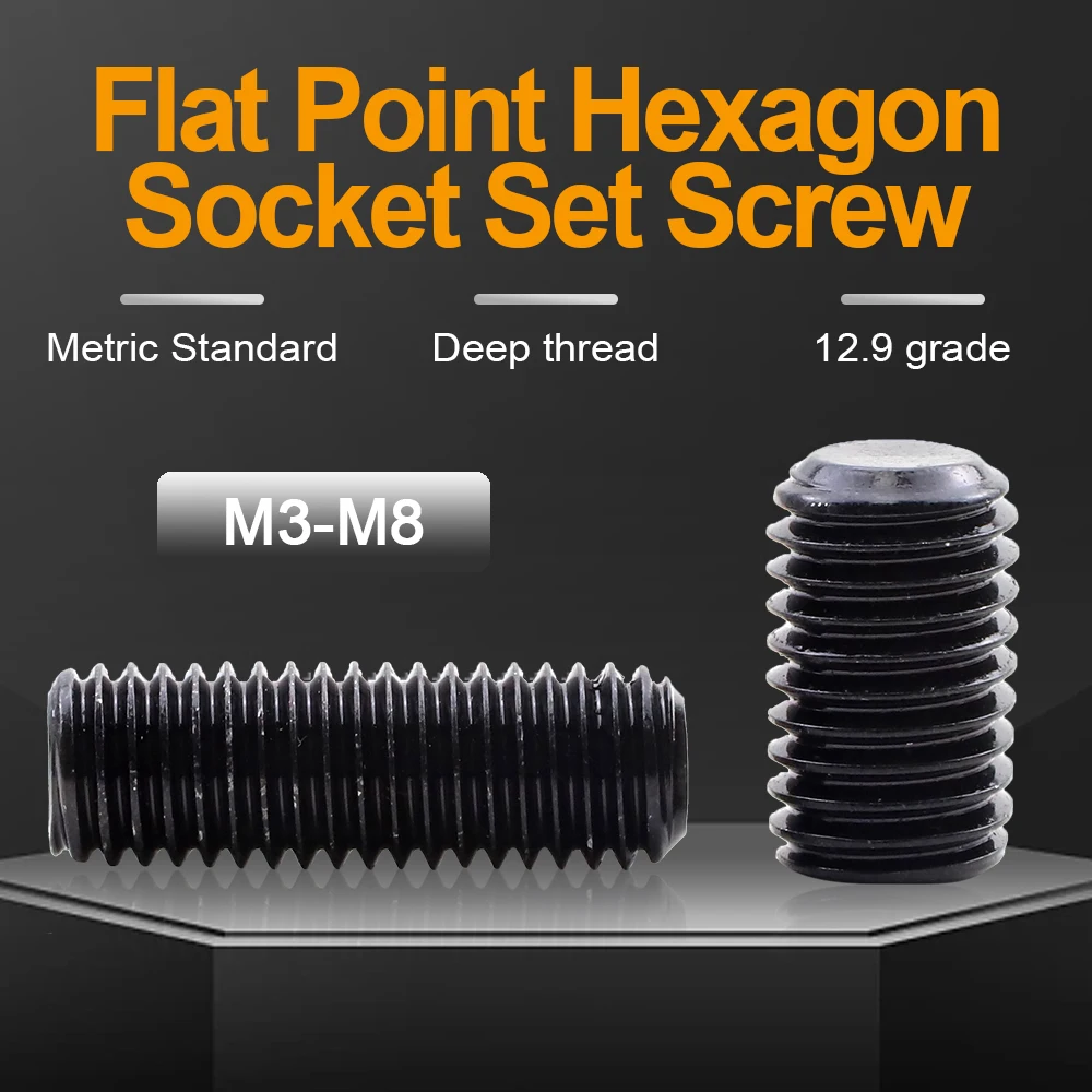 JUIDINTO 3-100pcs Cup Point Grub Set Screw M2-M12 Carbon Steel Hex Socket Set Headless Flat Point Screw for Towel Rack Door Knob