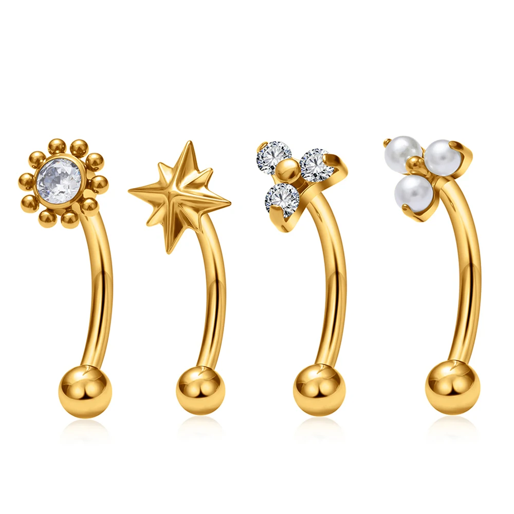 Bijou de piercing en Titane ASTM F136 16G avec Zircon Cubique motif Étoile du Nord Fleur, type Barbell Courbé, Labret, Stud pour Rook, Sourcil, Cartilage, Tragus