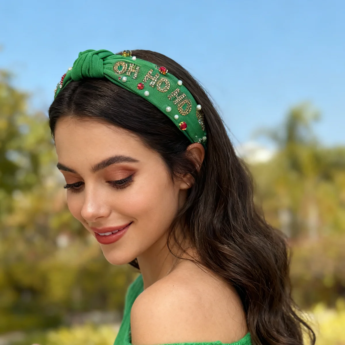 

Wide Edge Christmas Hairband Fashion Rhinestone Knot Headband Red Green Headwear Pearl Beads Hair Hoop Party Holiday
