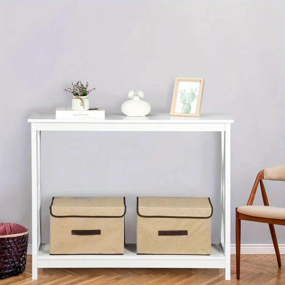 Wood Console Table for Entryway, 2-Tier Sofa Table Accent Table w/Storage Shelf for Living Room, Hall, Foyer, White 6