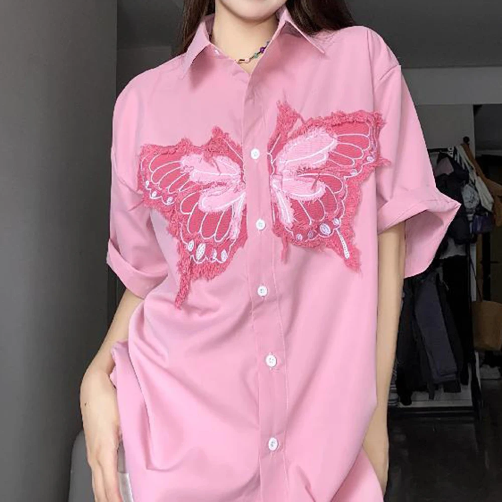 Pink  butterfly long sleeved shirt for women in spring and autumn design, loose and casual niche front shoulder top