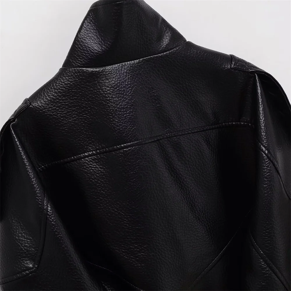 سترة نسائية جديدة غير رسمية متعددة الاستخدامات من الجلد الصناعي بأكمام طويلة وياقة واقفة بلون سادة وفضفاضة