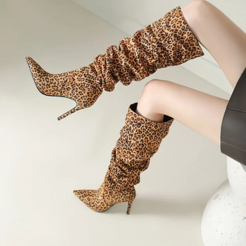 

Leopard Pleated Stilettos Boots Pointed Toe Slip-on Over-the-knee Boots 2025 New Autumn Fashion Thin High Shoes Street Style