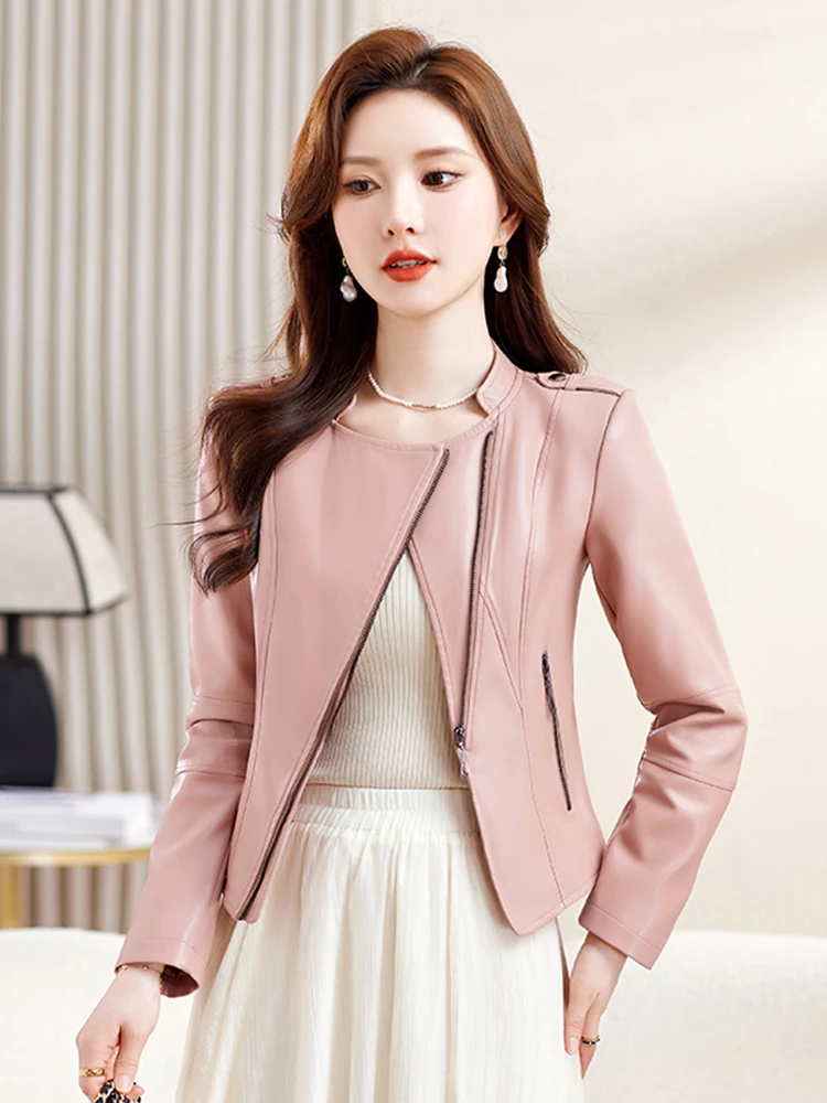 Manteau en cuir véritable pour femme, coupe ajustée, décontracté, avec fermeture éclair, style coréen, collection Printemps-Automne 2025