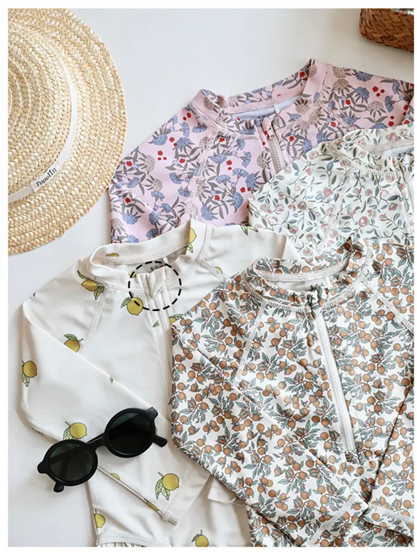 2026 New Summer Toddlers Kids Printed One-piece Swimwear Long Sleeve Beach Vacation Bikini Baby Girls Swimsuits