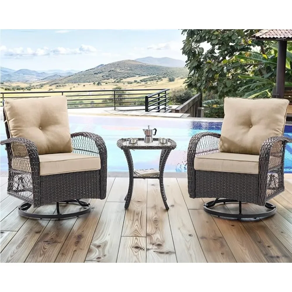 3Pieces Patio Furniture Set,Outdoor Swivel Gliders Rocker,Wicker Patio Bistro Set with Rattan Rocking Chair,Rattan Rocking Chair