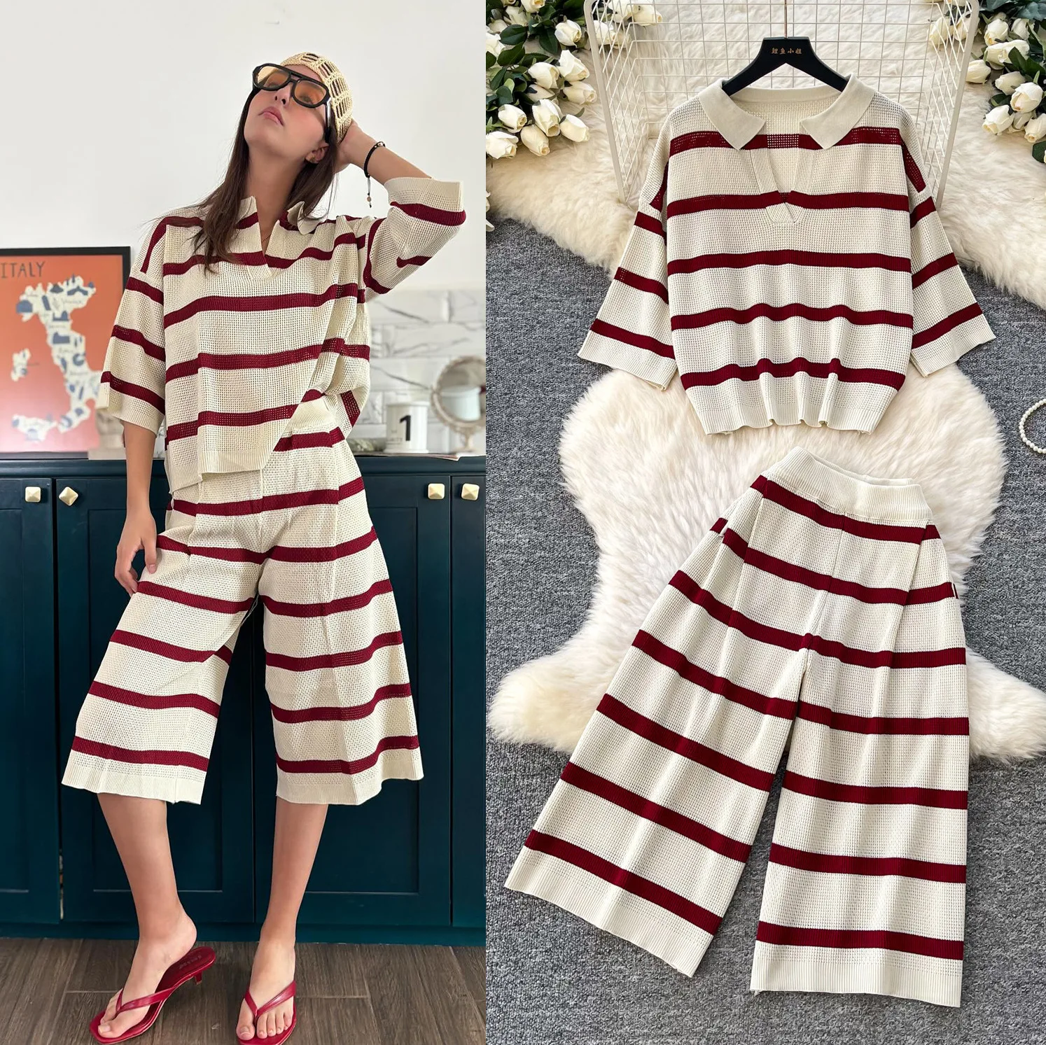 

Shorts Pant Set Women Two Piece Sets Turn Down Collar Shirt Striped Tops Short Pants Elastic Waist Y2k Streetwear Casual Loose