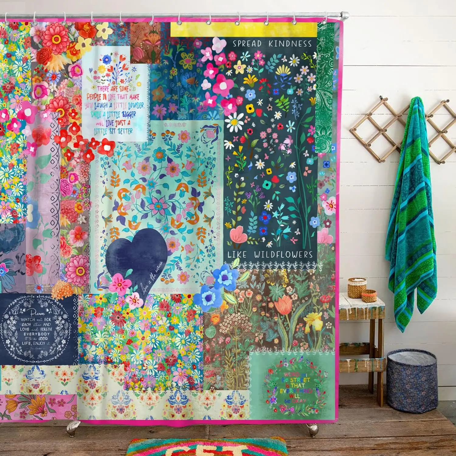 

Boho Floral Shower Curtain with Hooks, Colorful Wildflower Bathroom Decor, 72x72 Inches Polyester Fabric