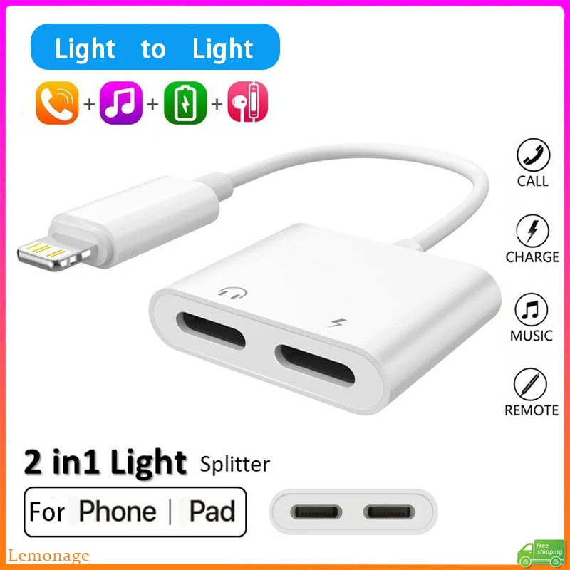 2 in 1 Dual Light Adapter Light Audio Converter Splitter Compatible For iPhone Charge/Music/Voice Call/Wir