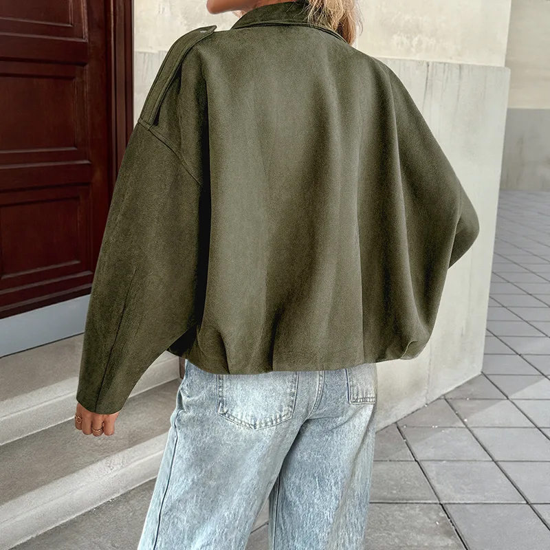 

2025 New Stylish Streetwear Suede-Like Army Green Lapel Jacket for Women