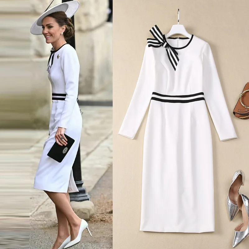 

Kate Middleton Princess Dress Women Long Sleeve O-Neck Bow Dress