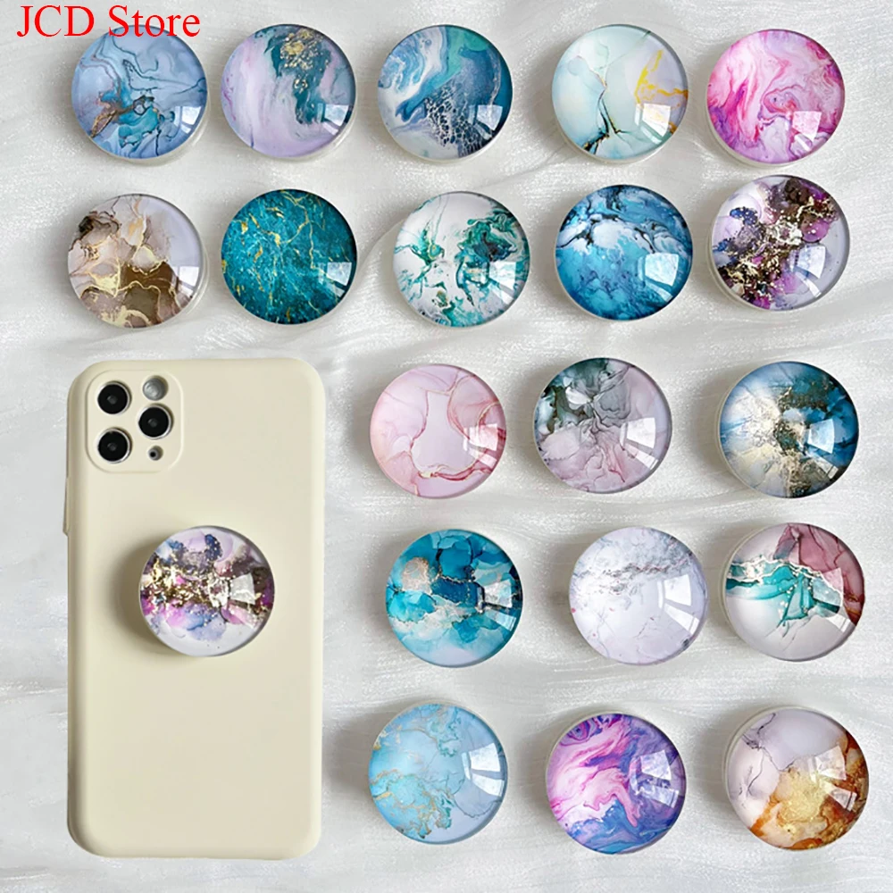 Soporte para teléfono de cristal con patrón de mármol, enchufe plegable para teléfono móvil, empuñaduras de cristal para teléfono