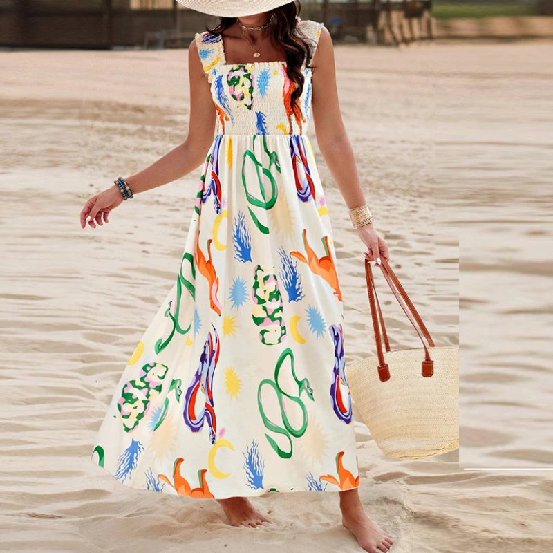 Summer Sleeveless Print Long Dress Women Casual A-line Beach Holiday Dresses For Women Party Dress Boho