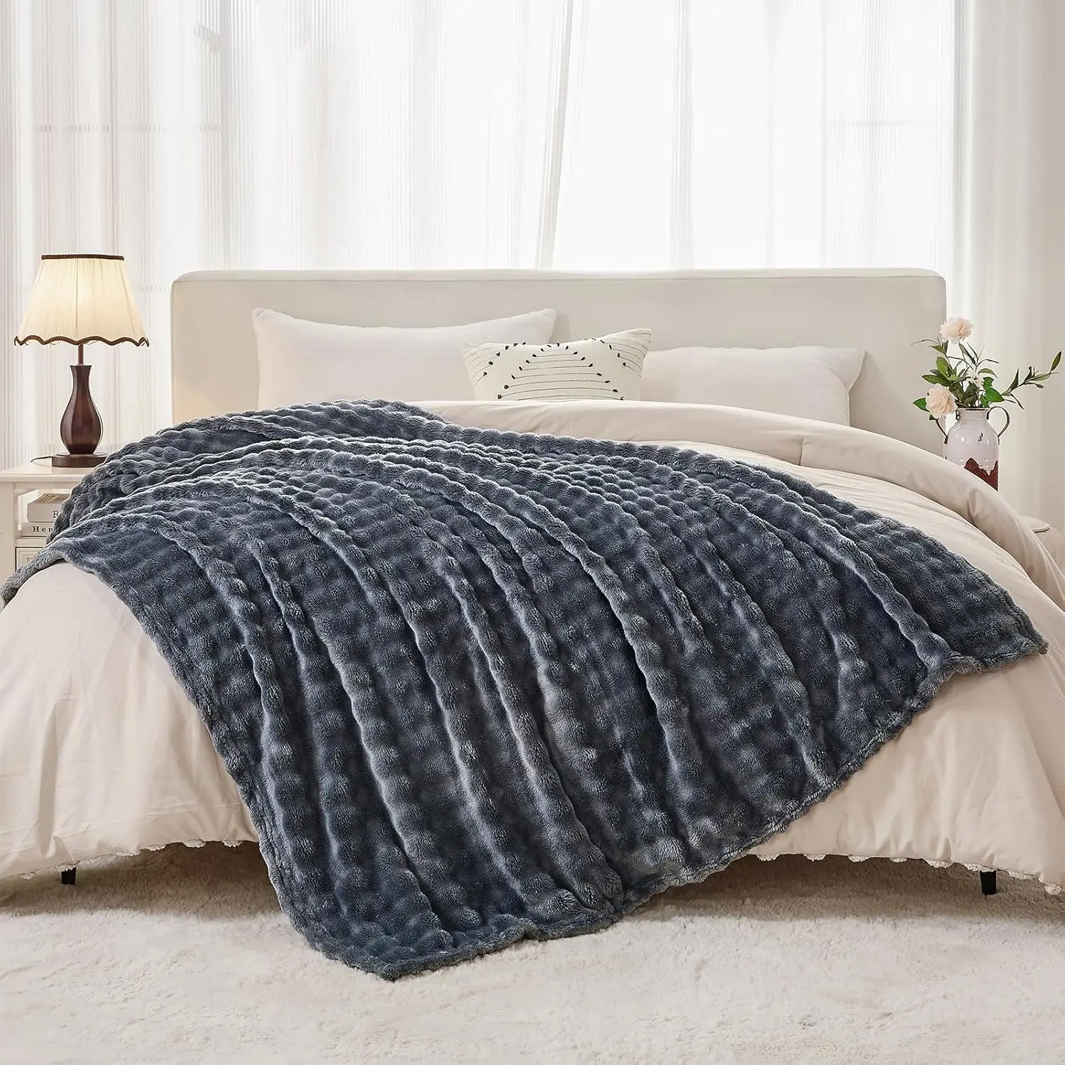 3D Bubble White Plush Blanket Textured Flannel Fleece Soft Warm Cozy Couch Throw Blanket Gift Plaid - Soft Throw Blankets