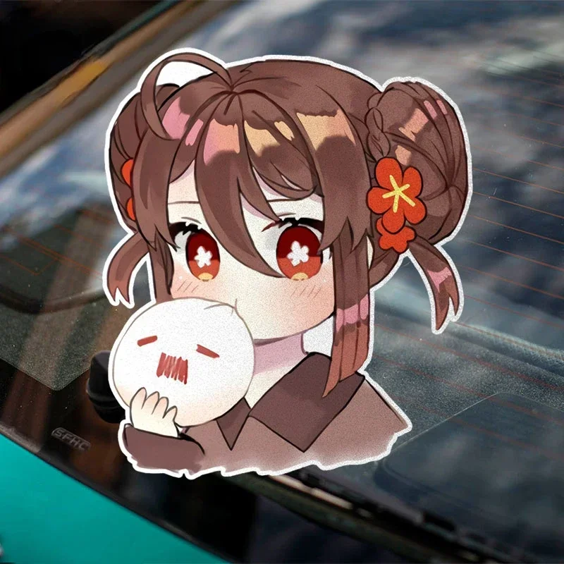 Genshin Impact cartoon game peripheral reflective car sticker cute Hu Tao Zhongli car door body cover scratch glass sticker