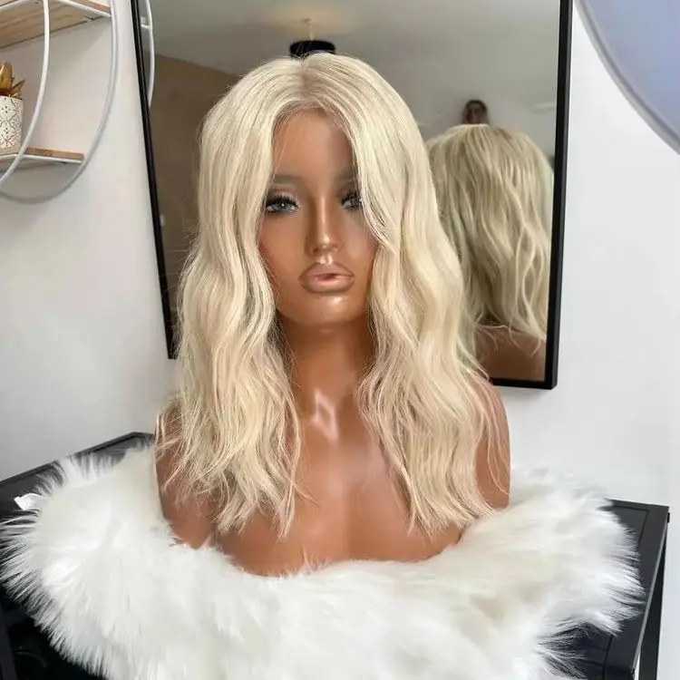Shoulder Ash Blonde Glueless Wigs Synthetic Hair Natural Wavy Mix Color Body Wave Lace Front Wigs For Women Deep Wave Hair 16”
