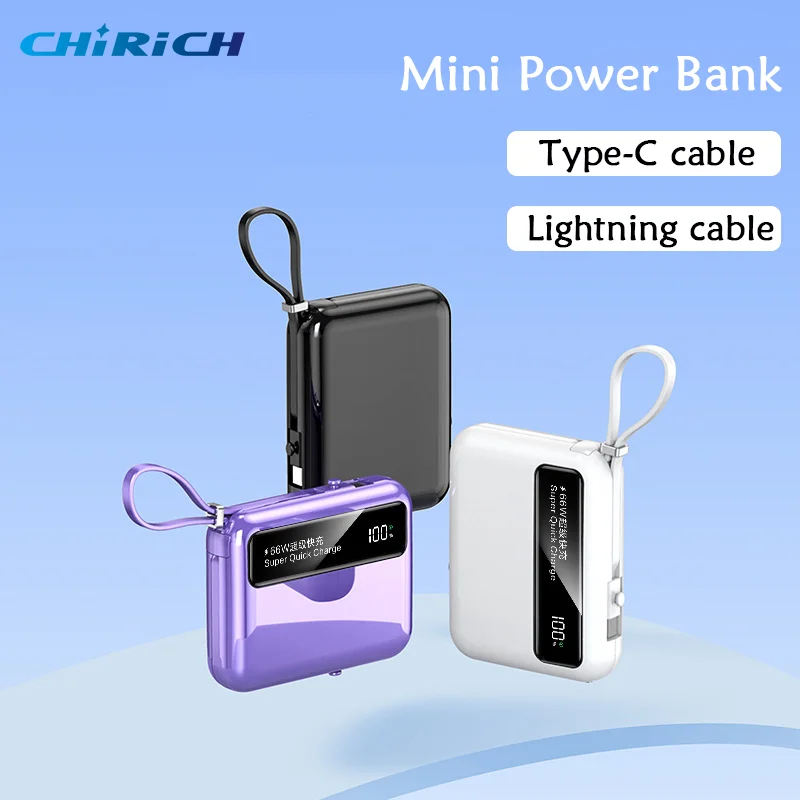 

10000mAh Mini Power Bank Portable Fast Charger With Cable TypeC External Spare Battery Small Powerbank For iPhone Xiaomi Samsung