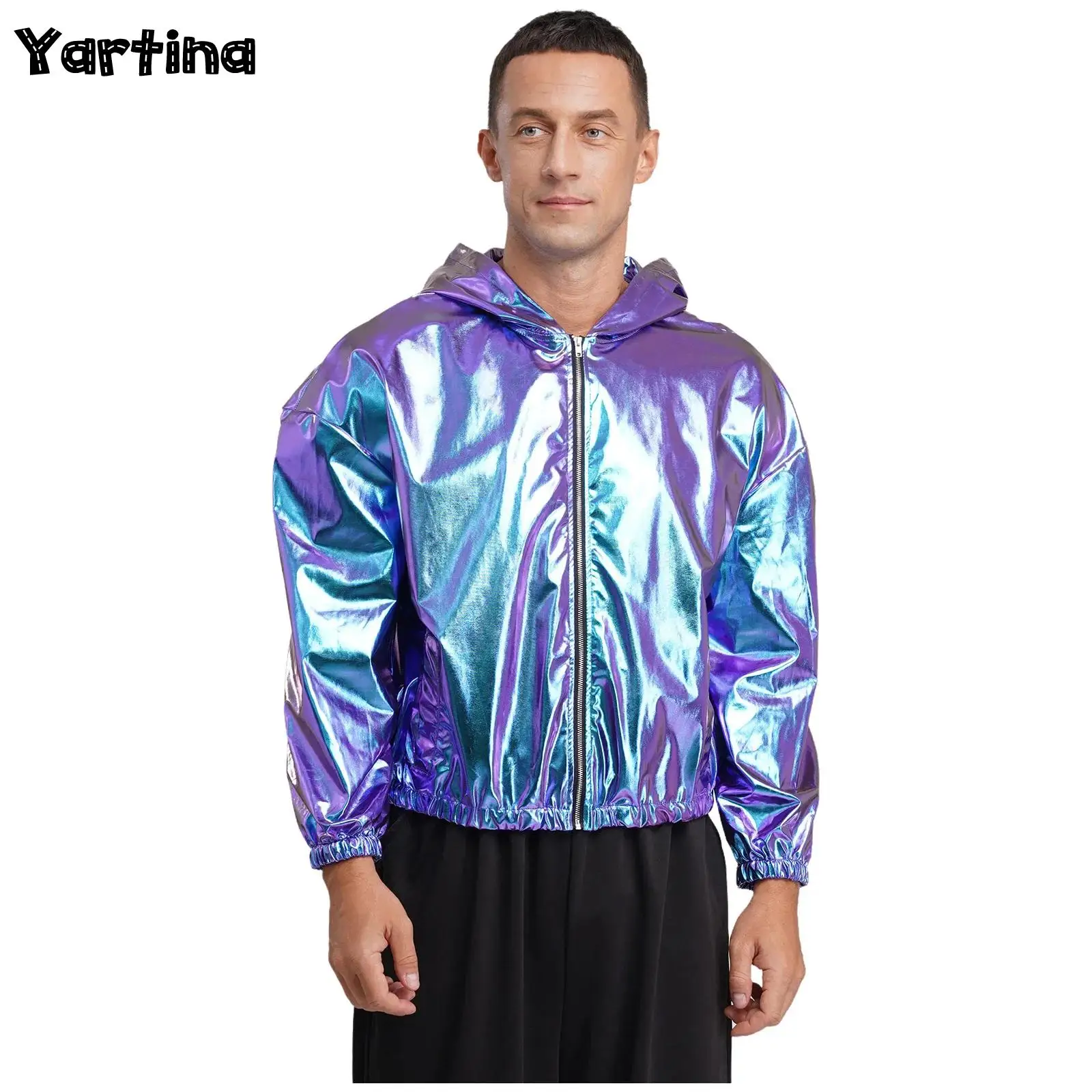 

Мужская блестящая короткая куртка металлик, голографическая куртка на молнии с капюшоном, топы для джазовых танцев в стиле хип-хоп, блестящее пальто с длинными рукавами, клубная одежда