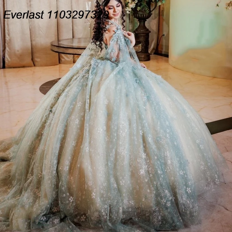 EVLAST Customized Glitter Green Ball Gown Quinceanera Dress 3D Floral Appliques Beaded Cape Sweet 15 Vestido De 15 Anos TQD574