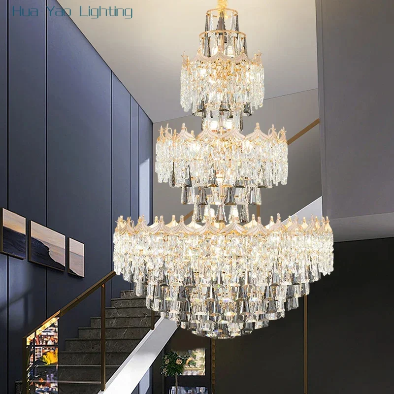 Duplex Chandelier European Luxury Villa Living Room Crystal Light Luxury Hotel Hall Lamps Hollow Tall Hanging Lighting
