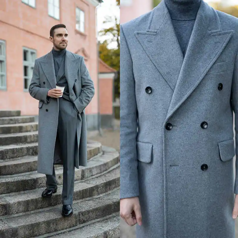 

Handsome Men Overcoat One Piece Peaked Lapel Groom Wedding Tuxedos Double Breasted Customized Winter Long Coat