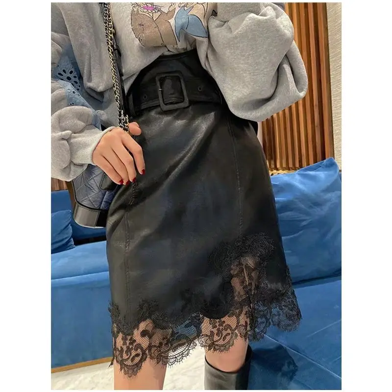 

New High Waist Lace Stitching Bodycon Skirts 2024 Slim Midi Jupe Pu Leather Skirt All-match Elegant Streetwear Overskirt Women